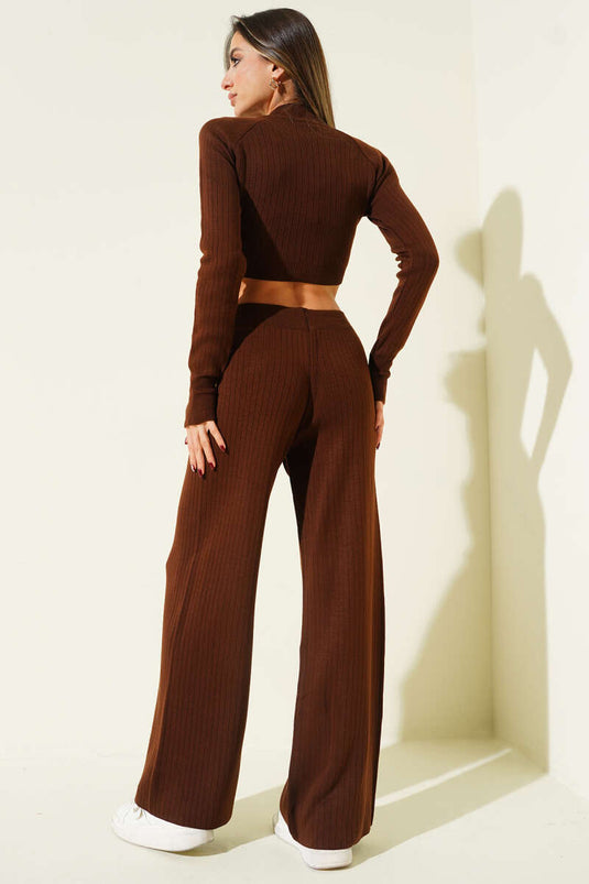 Croplu Triko İkili Takım Kahve