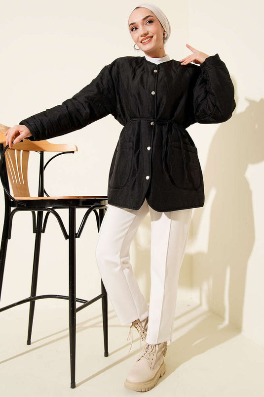 Dalga Desen Çıtçıtlı Ceket Siyah