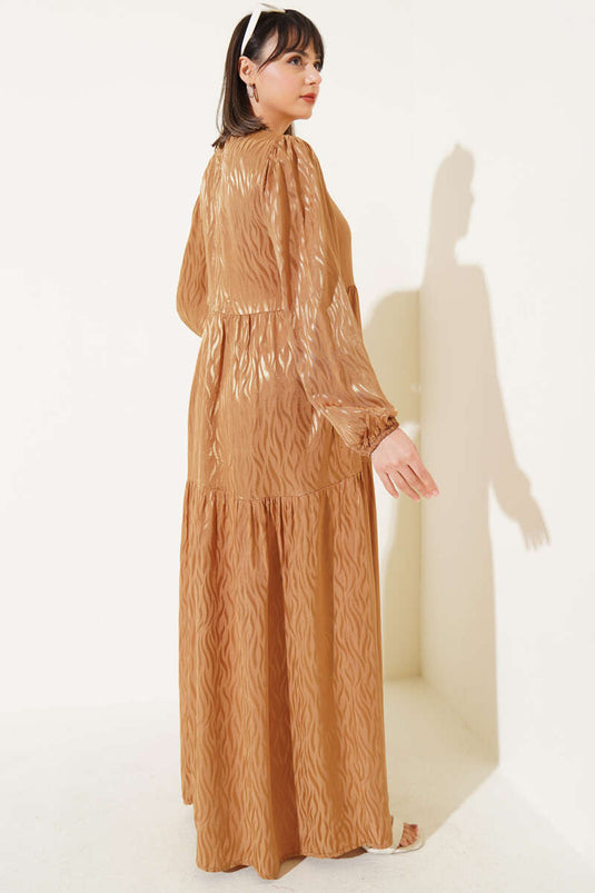 Dalga Desen Jakar Elbise Camel