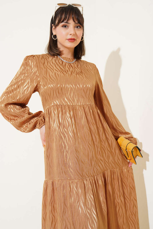 Dalga Desen Jakar Elbise Camel