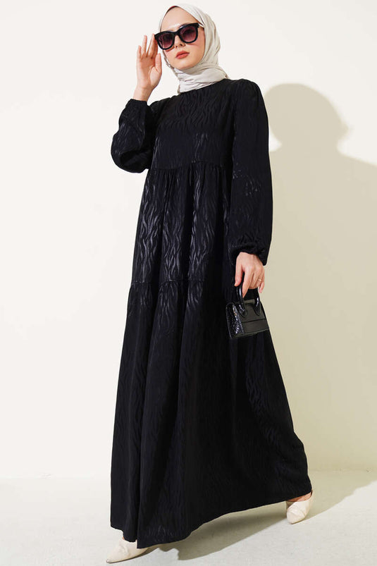 Dalga Desen Jakar Elbise Siyah