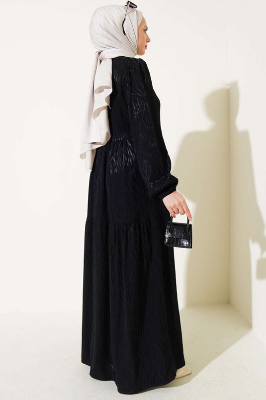 Dalga Desen Jakar Elbise Siyah