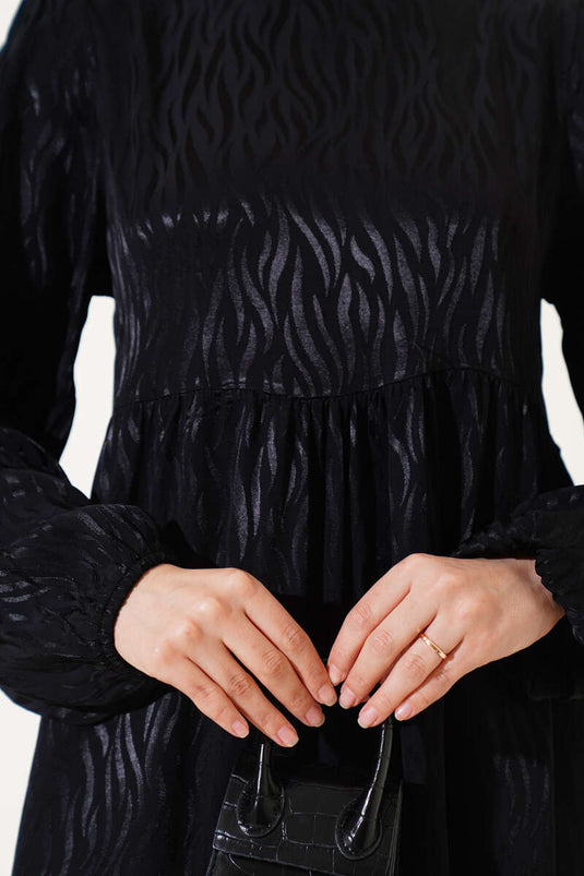 Dalga Desen Jakar Elbise Siyah