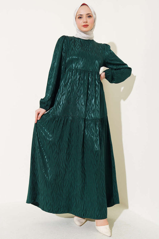 Robe Jacquard Motif Vague Émeraude