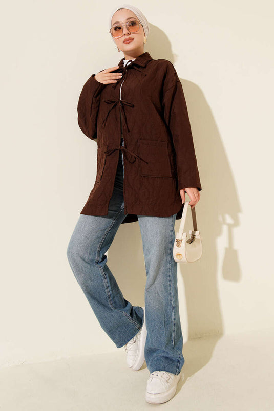 Gewatteerde jas met golfpatroon, koffiekleurig