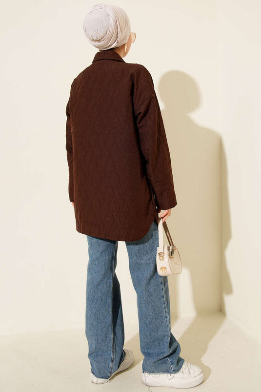 Gewatteerde jas met golfpatroon, koffiekleurig