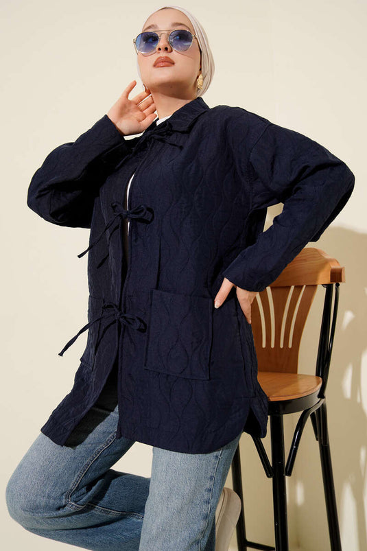 Dalga Desen Kapitone Ceket Lacivert