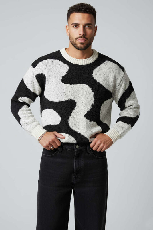 Wave Pattern Knitted Men's Sweater, Ecru