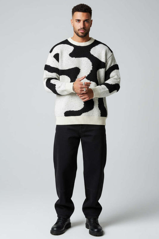 Wave Pattern Knitted Men's Sweater, Ecru