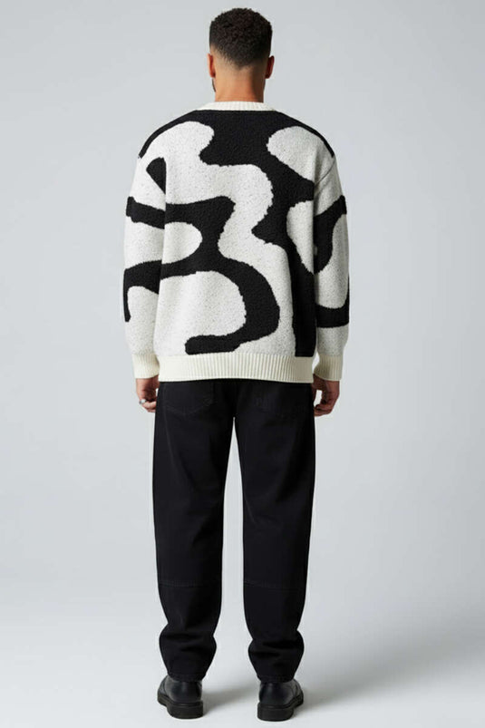 Wave Pattern Knitted Men's Sweater, Ecru