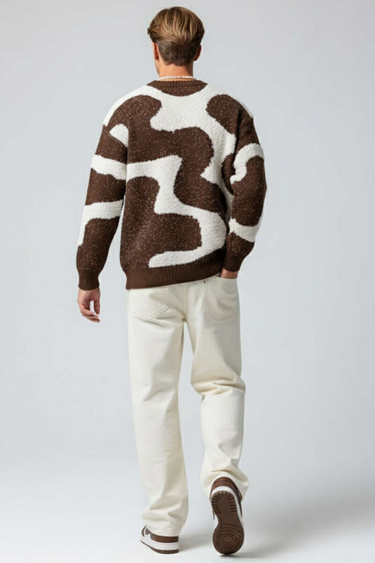 Wave Pattern Knitted Men's Sweater, Brown