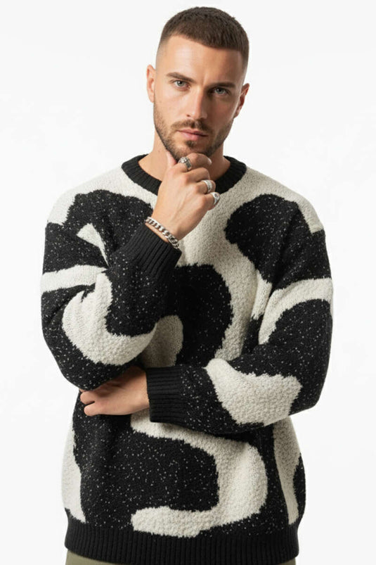 Wave Pattern Knitted Men's Sweater Black
