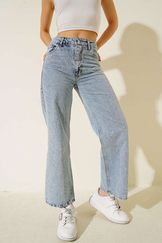 Dalga Sıra Taşlı Bol Paça Kot Pantolon Açık Kar