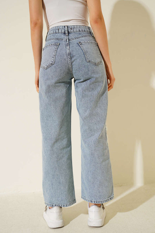 Dalga Sıra Taşlı Bol Paça Kot Pantolon Açık Kar