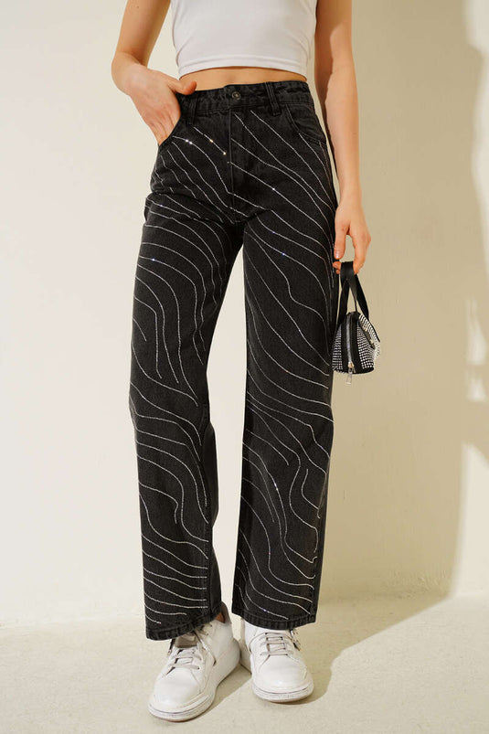 Dalga Sıra Taşlı Kot Pantolon Siyah