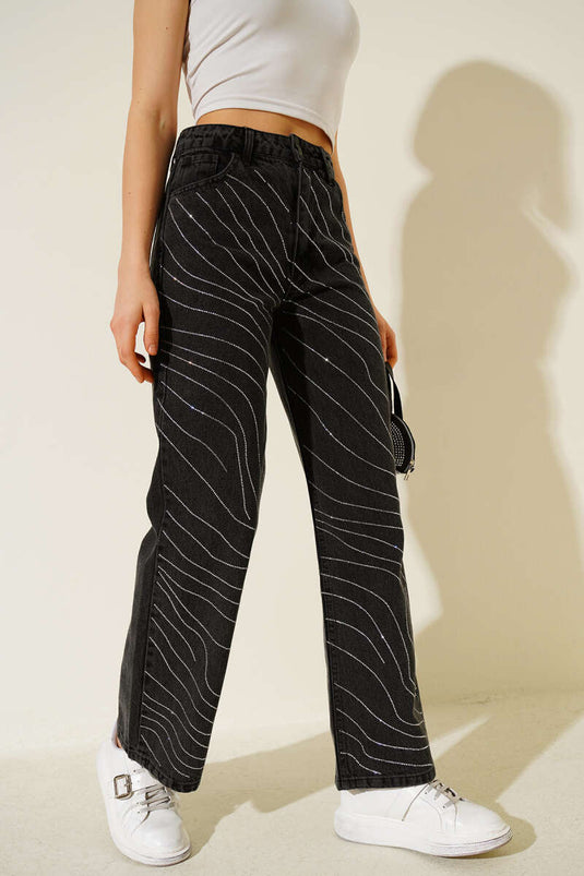 Dalga Sıra Taşlı Kot Pantolon Siyah