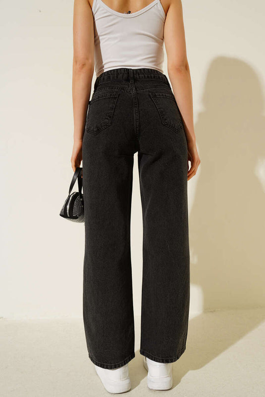 Dalga Sıra Taşlı Kot Pantolon Siyah