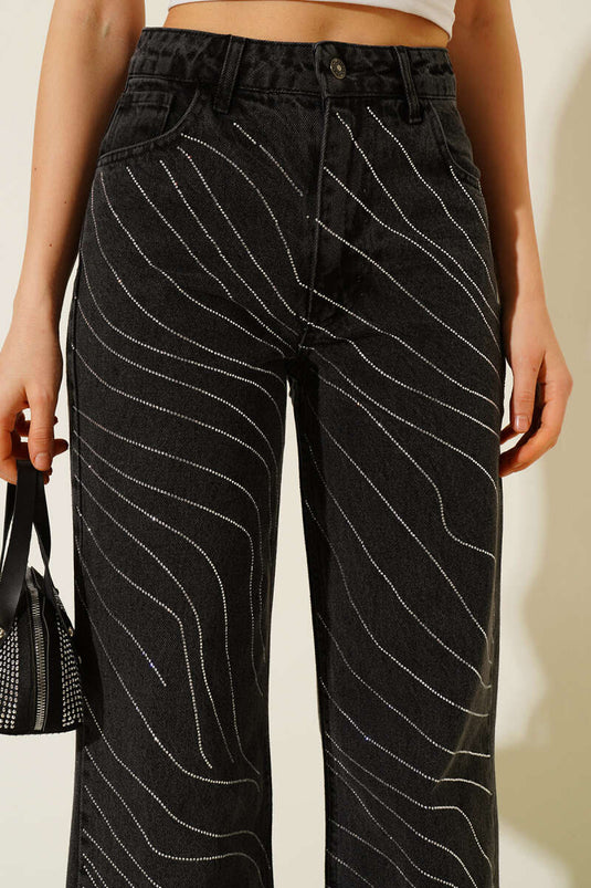 Dalga Sıra Taşlı Kot Pantolon Siyah