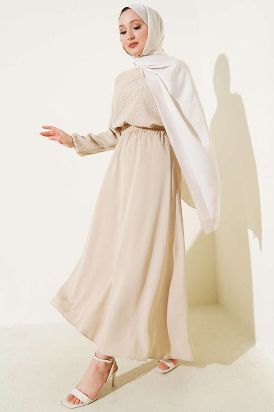 Dalgalı Taşlı Etekli İkili Takım Bej