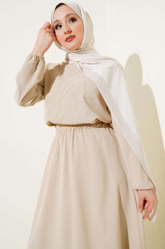 Dalgalı Taşlı Etekli İkili Takım Bej