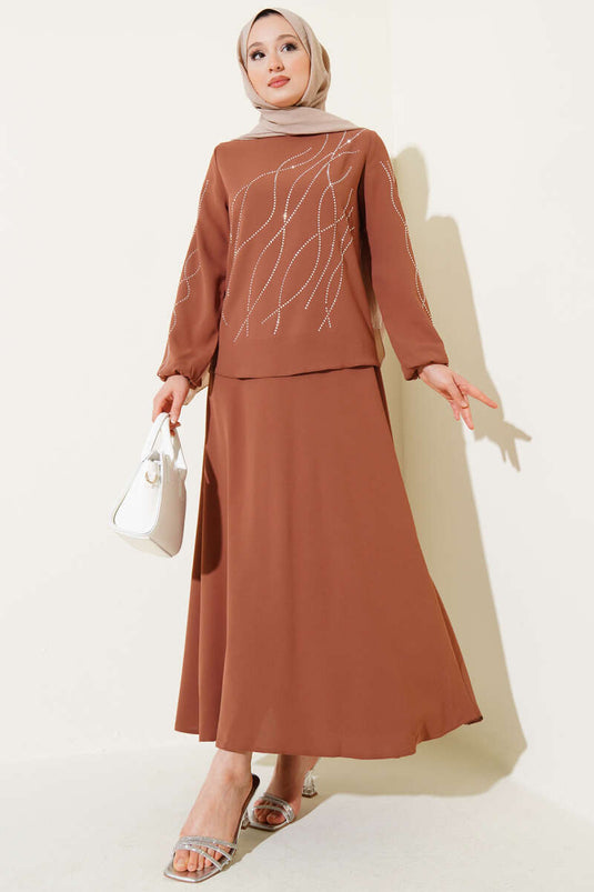 Dalgalı Taşlı Etekli İkili Takım Taba