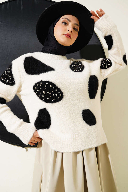 سترة لؤلؤية بنقشة دلماسية، لون فانيليا