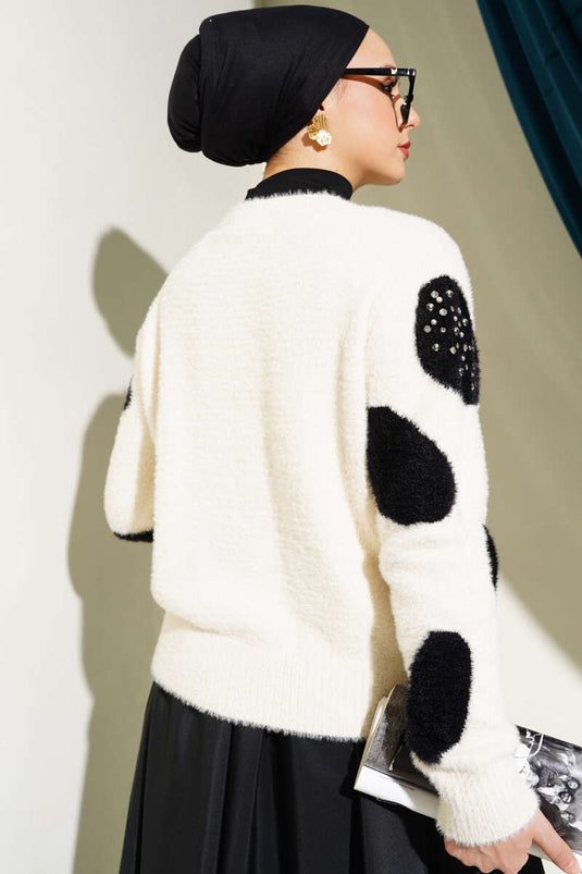 Gilet court en maille perlée à motif dalmatien crème