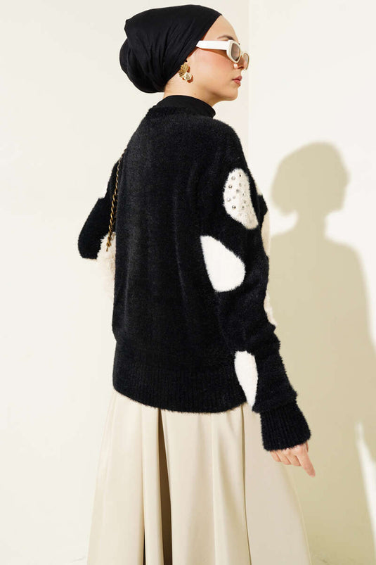 Gilet court en maille noire à motif dalmatien et perles