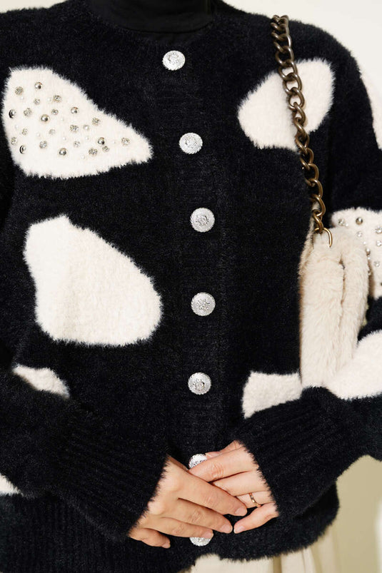 Gilet court en maille noire à motif dalmatien et perles