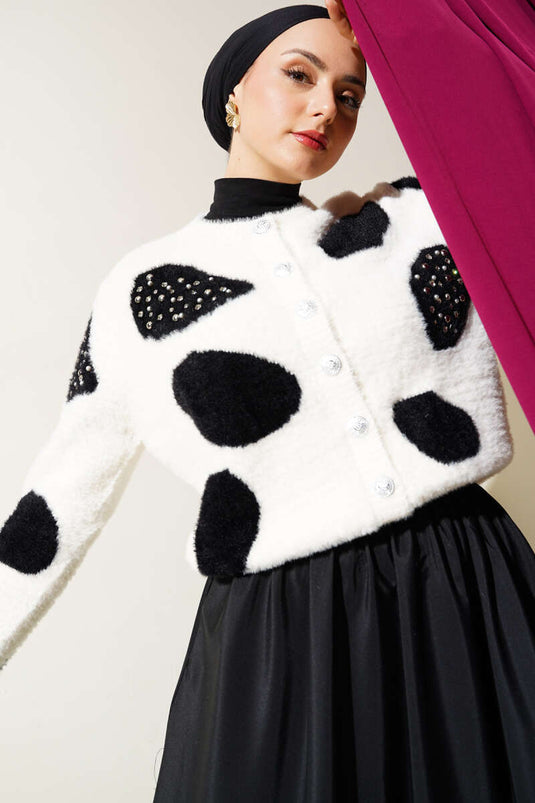 Gilet court en maille perlée à motif dalmatien, couleur vanille