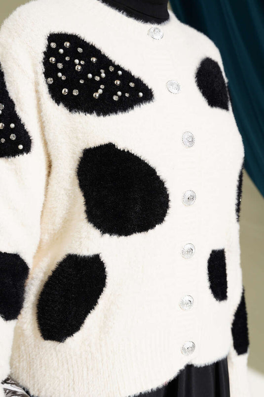 Gilet court en maille perlée à motif dalmatien, couleur vanille