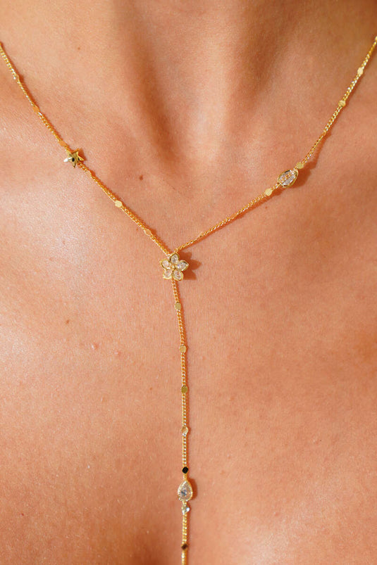 Damla Çiçek Detaylı Y kolye Gold