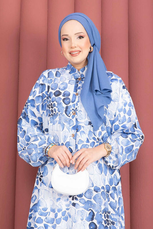 Damla Pattern Half-Button Dress Indigo