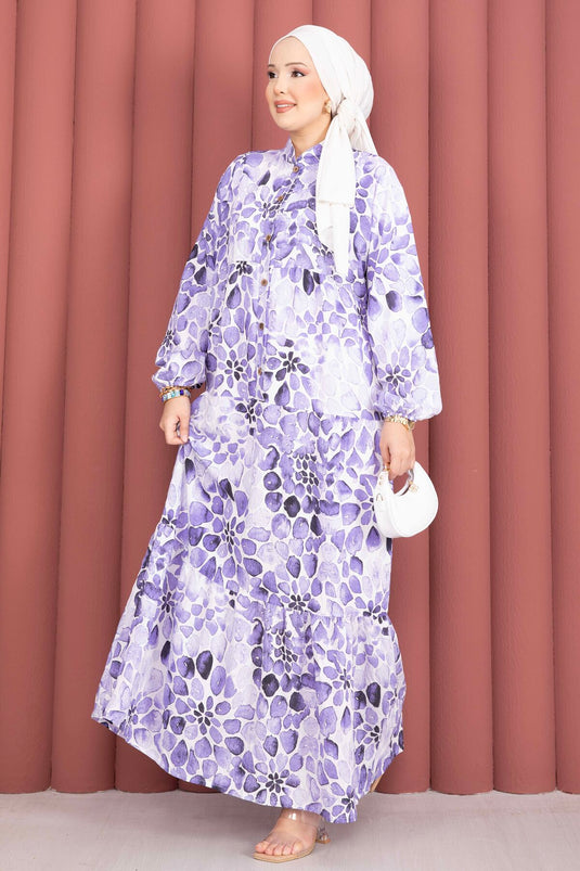 Damla Pattern Half-Button Dress Purple