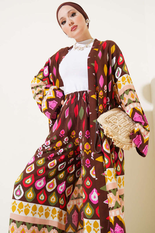 Damla Desenli Uzun Kimonolu İkili Takım Kahve