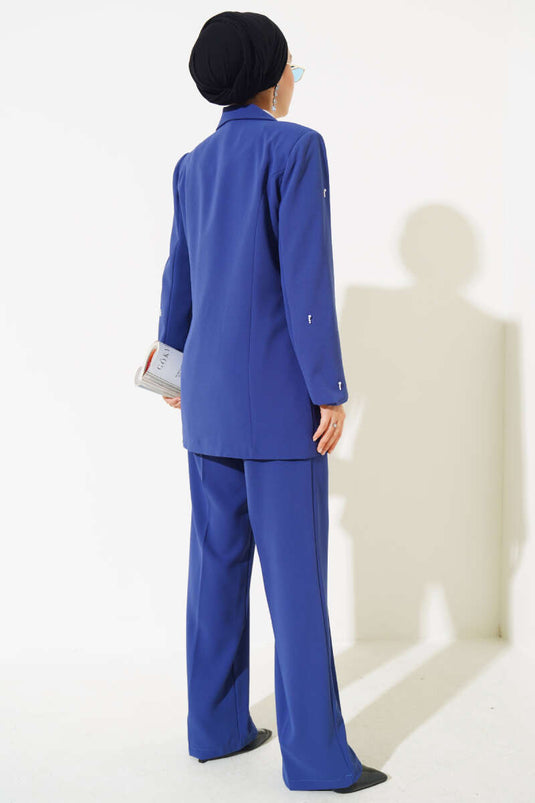 Damla Beaded Jacketed Two-Piece Set Indigo