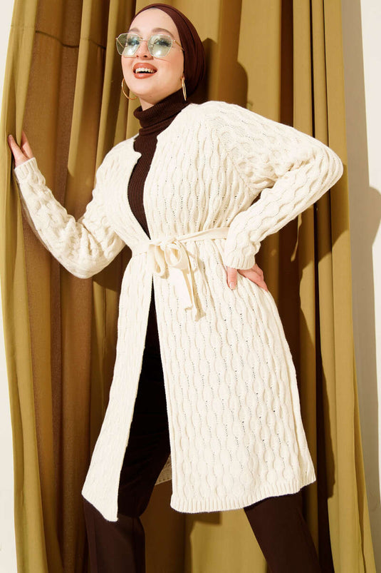 Damla Kabartmalı Triko Hırka Ekru