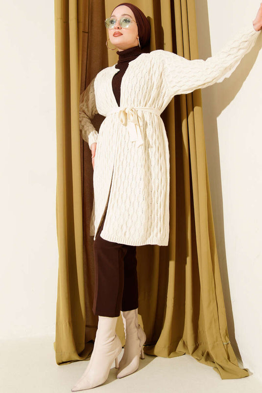 Damla Kabartmalı Triko Hırka Ekru