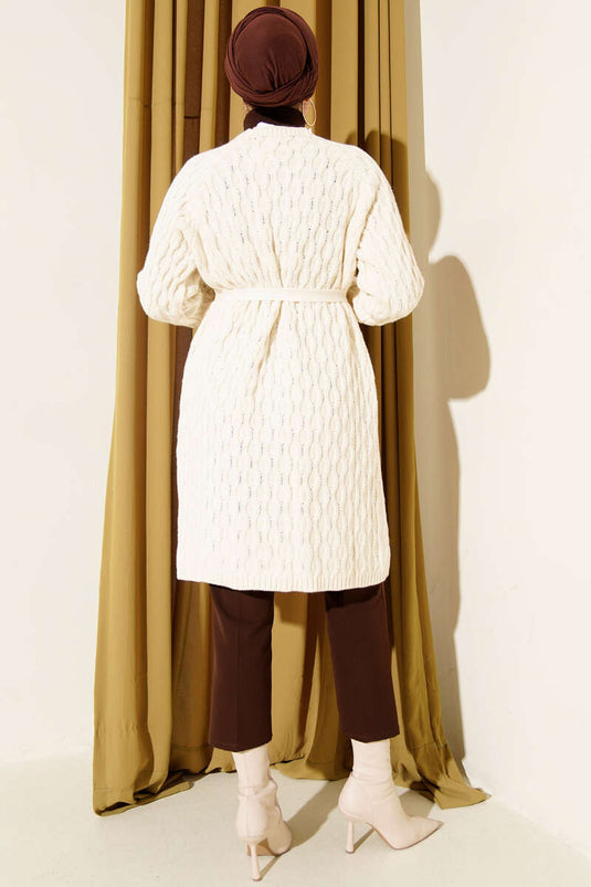 Damla Kabartmalı Triko Hırka Ekru