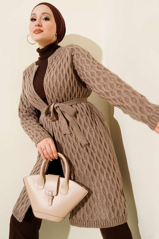 Damla Kabartmalı Triko Hırka Latte