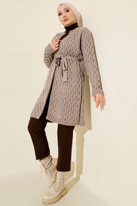 Damla Kabartmalı Triko Hırka Vizon