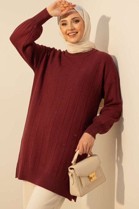 سترة محبوكة ناعمة منقوشة بقطرات الماء، لون عنابي