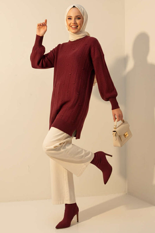 سترة محبوكة ناعمة منقوشة بقطرات الماء، لون عنابي