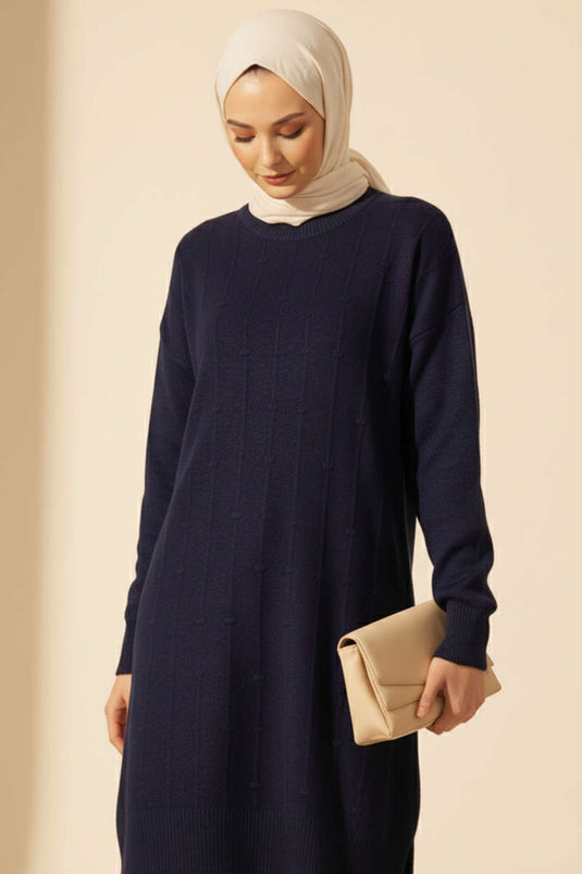 سترة محبوكة ناعمة منقوشة بقطرات الماء، لون أزرق داكن