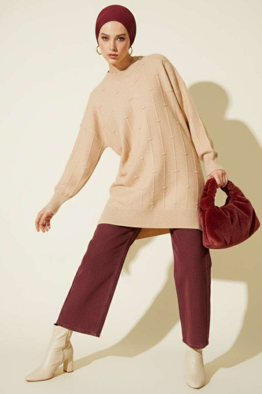 سترة محبوكة ناعمة منقوشة بقطرات الماء، لون لاتيه