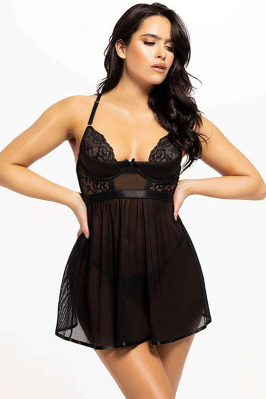 Fantasylingerie met dunne bandjes en kanten afwerking, zwart