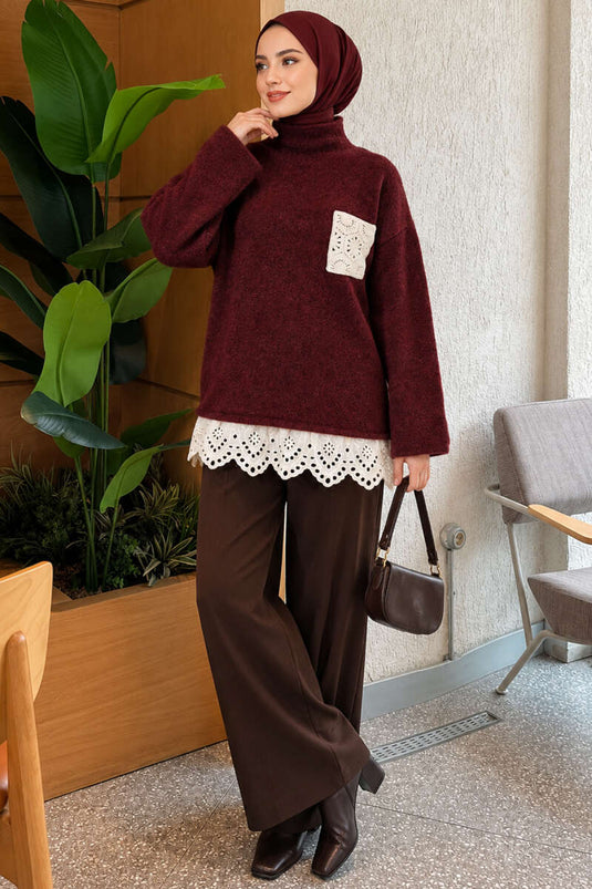 Dantel Cep Detaylı Triko Tunik Bordo