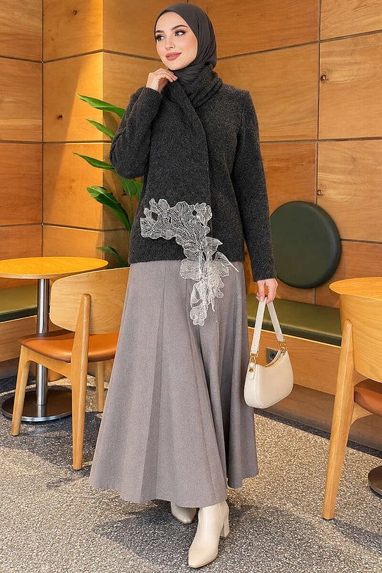Fuzzy Knit Sweater With Lace Details In Smoke Grey
