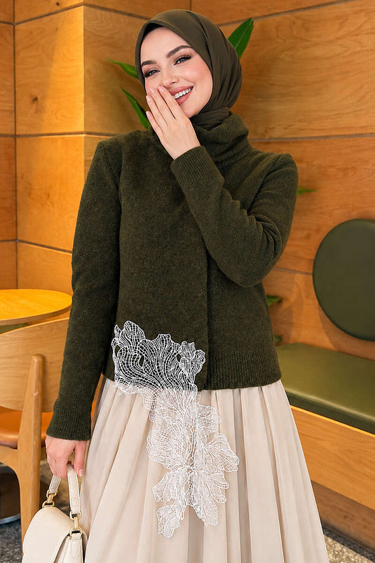 Kaki Strickpullover Mit Spitzen-Details