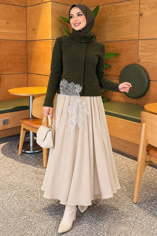 Pull En Maille Avec Dentelle Kaki